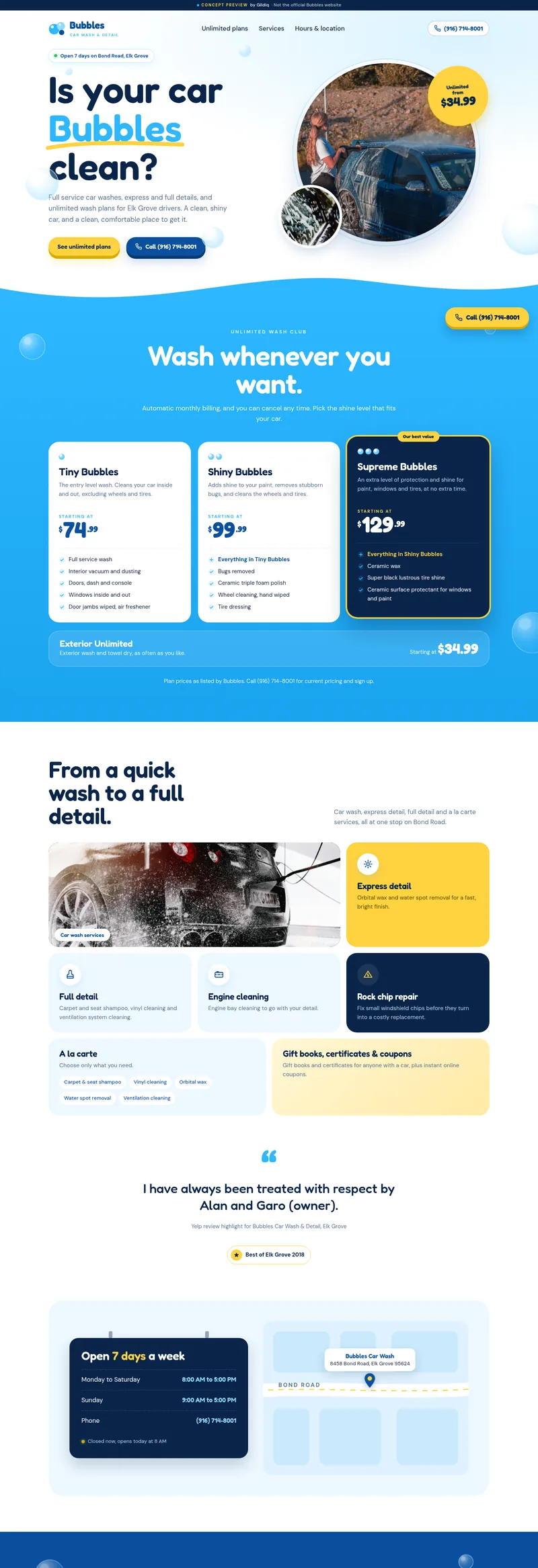 Full page screenshot of the Bubbles Car Wash and Detail preview site