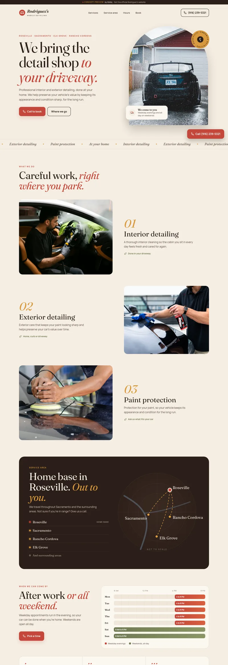 Full page screenshot of the Rodriguez's Mobile Detailing preview site